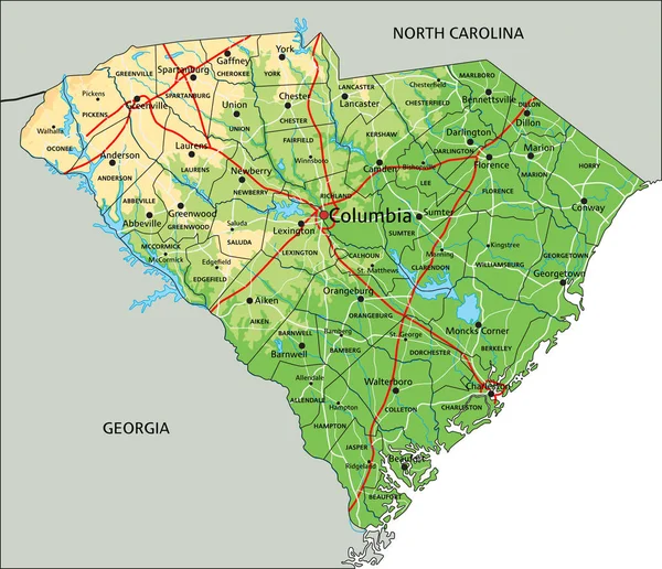 Hoch Detaillierte Physische Karte Von South Carolina Mit Beschriftung — Stockvektor