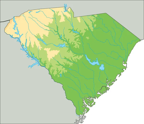 Mappa Fisica Dettagliata Della Carolina Del Sud — Vettoriale Stock