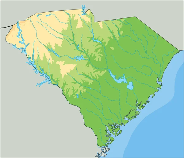 Wysoka Szczegółowa Mapa Fizyczna Południowej Karoliny — Wektor stockowy