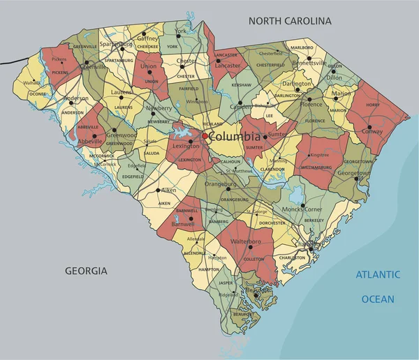 Южная Каролина Подробная Редактируемая Политическая Карта Маркировкой — стоковый вектор