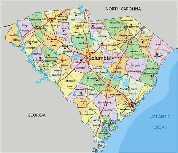 Carolina Del Sud Mappa Politica Altamente Dettagliata Con Etichettatura — Vettoriale Stock