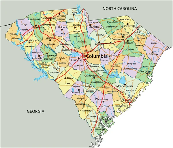 サウスカロライナ州 ラベル付きの非常に詳細な編集可能な政治地図 — ストックベクタ