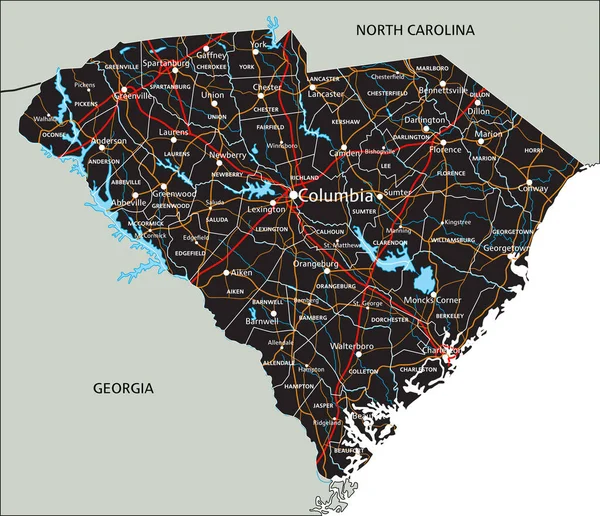 ラベル付きの高詳細サウスカロライナ州道地図 — ストックベクタ