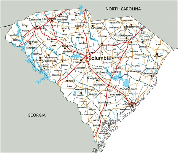 Mappa Stradale Dettagliata Della Carolina Del Sud Con Etichettatura — Vettoriale Stock