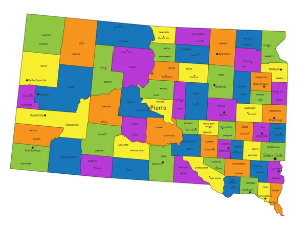 色鮮やかなサウスダコタ州の政治地図を明確にラベル付けされ 分離層 ベクターイラスト — ストックベクタ