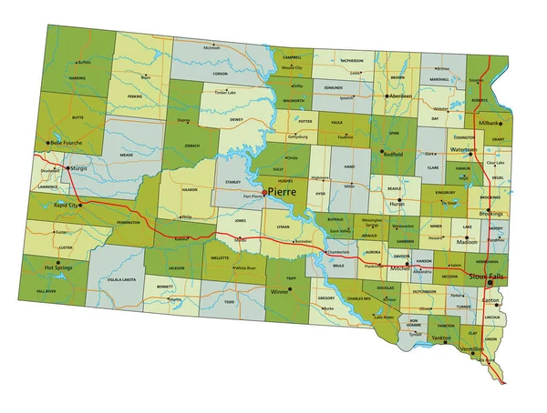 Высоко Детализированная Редактируемая Политическая Карта Разделенными Слоями Южная Дакота — стоковый вектор