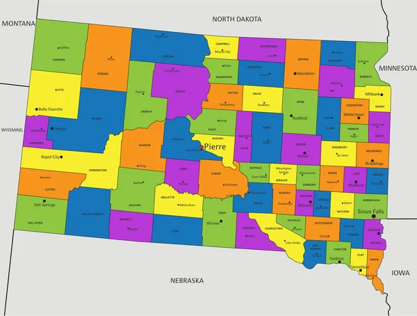 色彩斑斓的南达科他州政治地图 有清晰的标记和分隔的层次 矢量说明 — 图库矢量图片