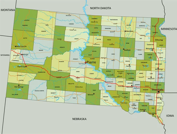 Высоко Детализированная Редактируемая Политическая Карта Разделенными Слоями Южная Дакота — стоковый вектор