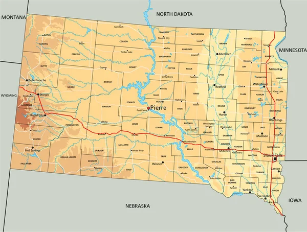 Hoge Gedetailleerde Zuid Dakota Fysieke Kaart Met Etikettering — Stockvector