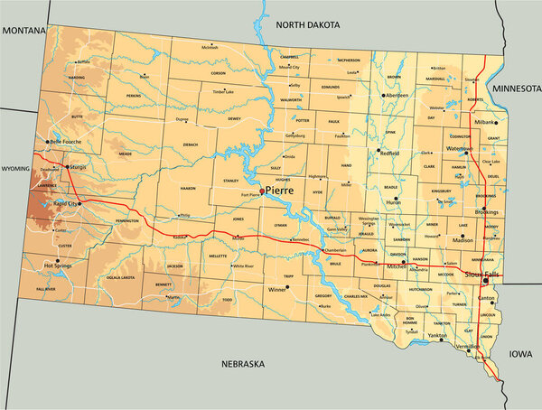 High detailed South Dakota physical map with labeling.
