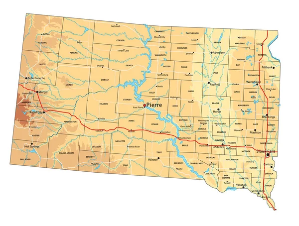 Висока Детальна Фізична Карта Південної Дакоти Маркуванням — стоковий вектор