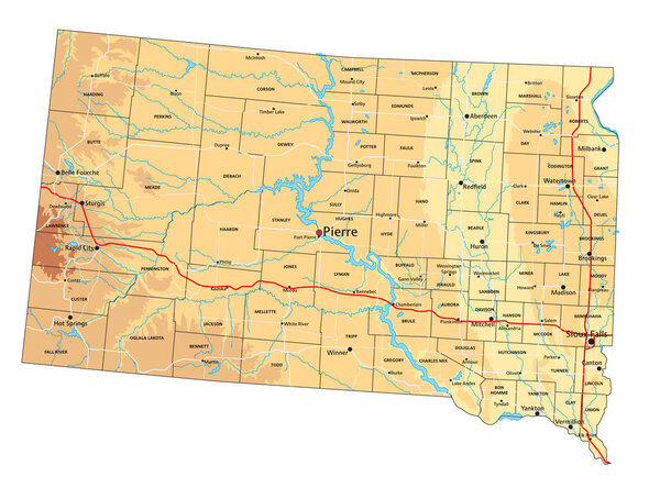 High detailed South Dakota physical map with labeling.