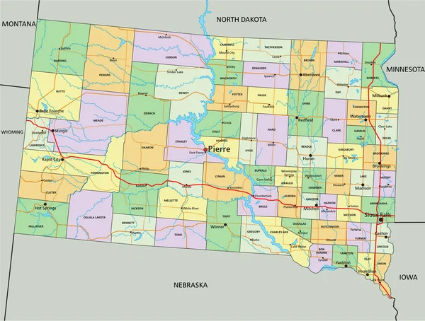 South Dakota Hochdetaillierte Editierbare Politische Landkarte Mit Beschriftung — Stockvektor
