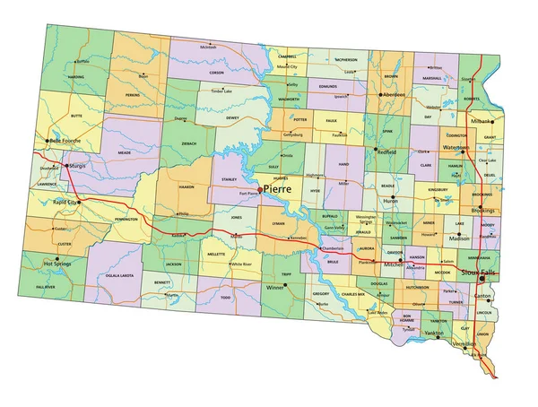 Jižní Dakota Vysoce Podrobná Upravitelná Politická Mapa Označením — Stockový vektor