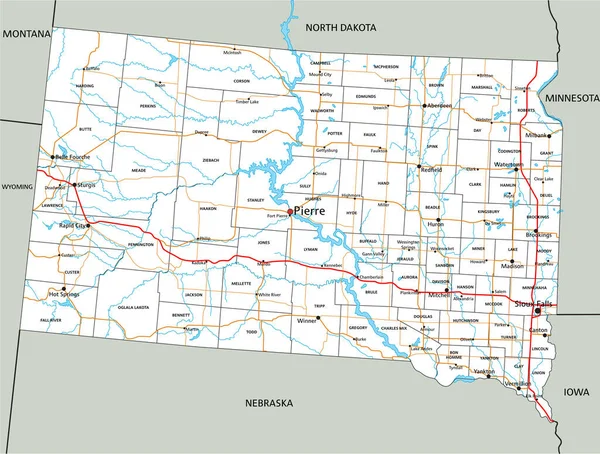 南达科他州的公路和路线图 矢量说明 — 图库矢量图片