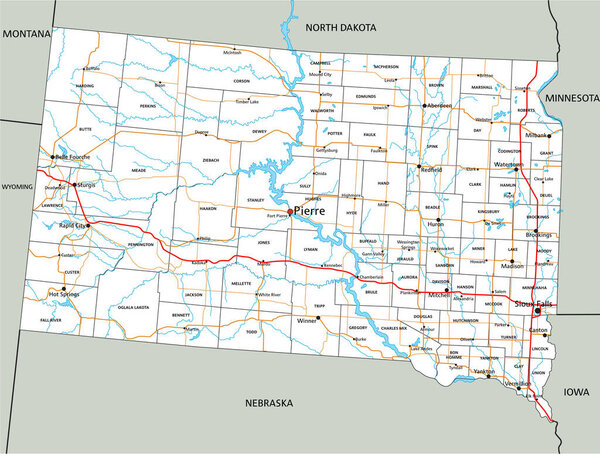 South Dakota road and highway map. Vector illustration.