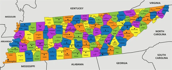 Barevná Politická Mapa Tennessee Jasně Označenými Oddělenými Vrstvami Vektorová Ilustrace — Stockový vektor