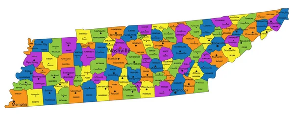 Bunte Politische Landkarte Von Tennessee Mit Klar Beschrifteten Voneinander Abgegrenzten — Stockvektor