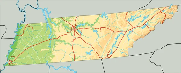 Nagy Részletességű Tennessee Fizikai Térkép — Stock Vector
