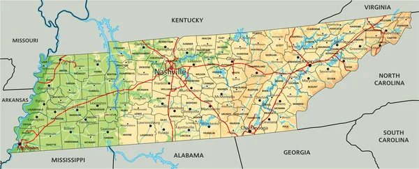 Hög Detaljerad Tennessee Fysisk Karta Med Märkning — Stock vektor
