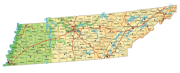 Alto Mapa Físico Detallado Tennessee Con Etiquetado — Vector de stock