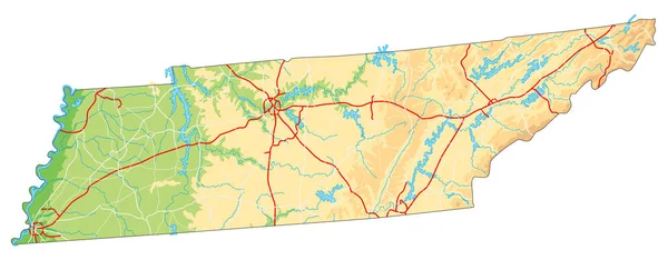 Mapa Físico Tennessee Altamente Detalhado —  Vetores de Stock