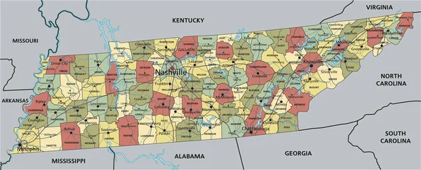 田纳西州 非常详细的带有标签的可编辑政治地图 — 图库矢量图片