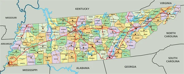 Tennessee Mappa Politica Modificabile Altamente Dettagliata Con Etichettatura — Vettoriale Stock