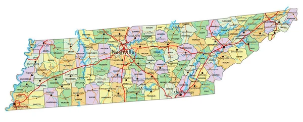 Tennessee Mycket Detaljerad Redigerbar Politisk Karta Med Märkning — Stock vektor
