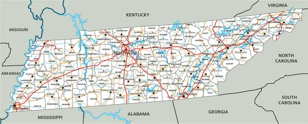 Hoge Gedetailleerde Tennessee Routekaart Met Etikettering — Stockvector
