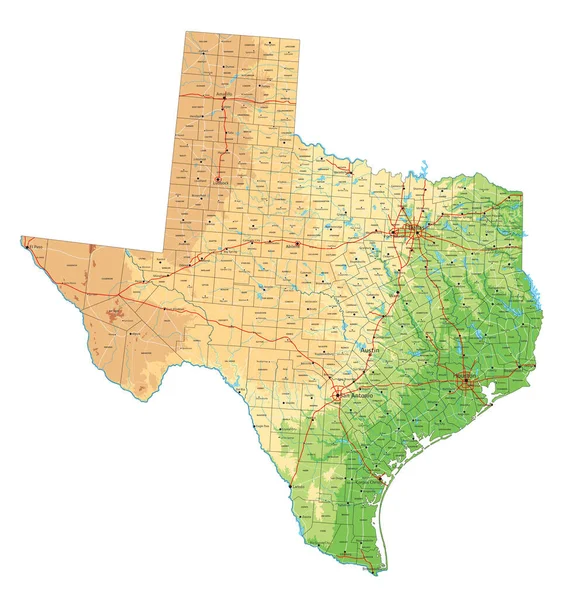 Mapa Físico Detalhado Texas Com Rotulagem — Vetor de Stock