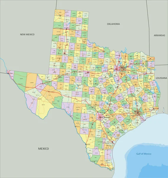 Texas Vysoce Podrobná Upravitelná Politická Mapa Označením — Stockový vektor
