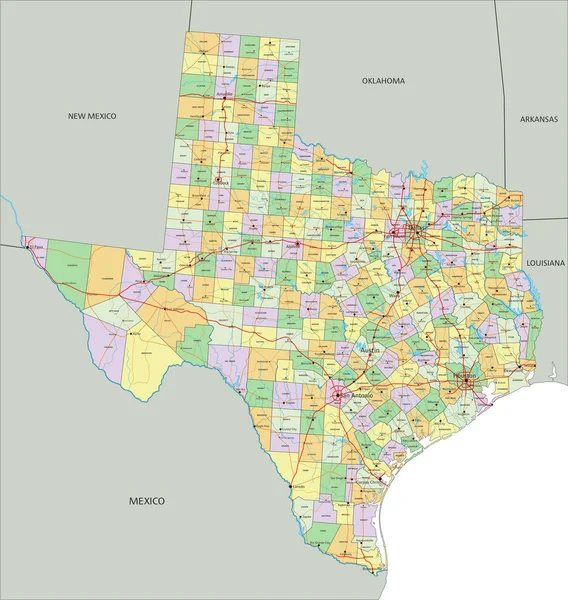 Texas Mapa Político Editable Altamente Detallado Con Etiquetado — Vector de stock