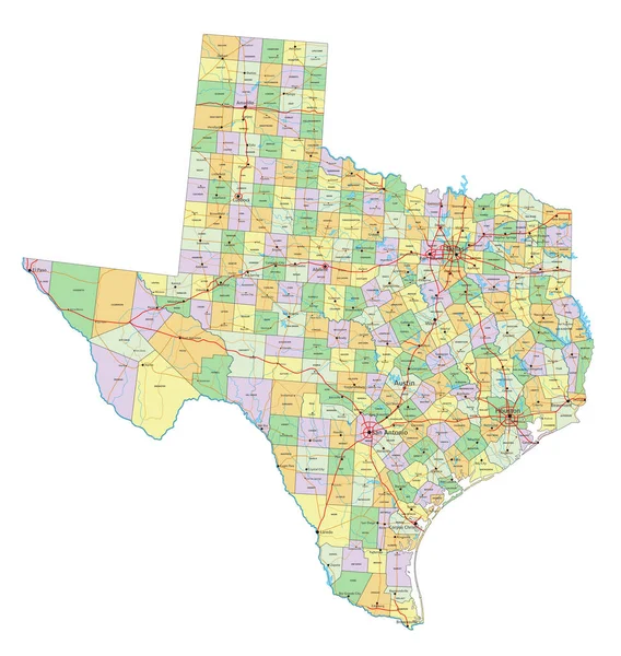 Texas Vysoce Podrobná Upravitelná Politická Mapa Označením — Stockový vektor