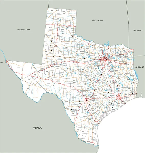 Mapa Estradas Detalhado Texas Com Rotulagem — Vetor de Stock