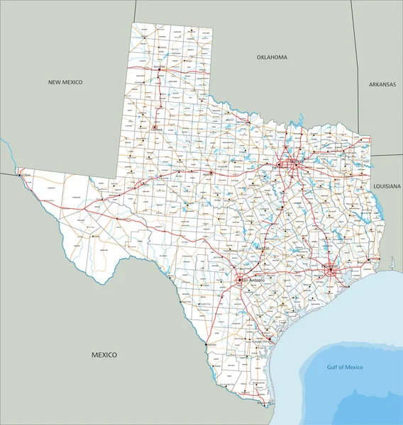 Hoge Gedetailleerde Texas Routekaart Met Etikettering — Stockvector