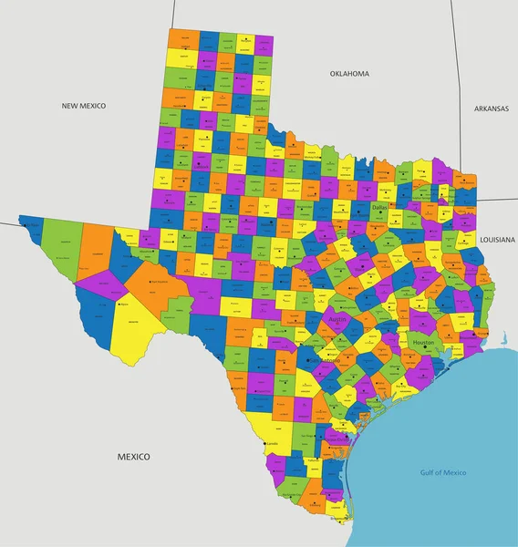 Colorido Mapa Político Texas Con Capas Claramente Etiquetadas Separadas Ilustración — Vector de stock
