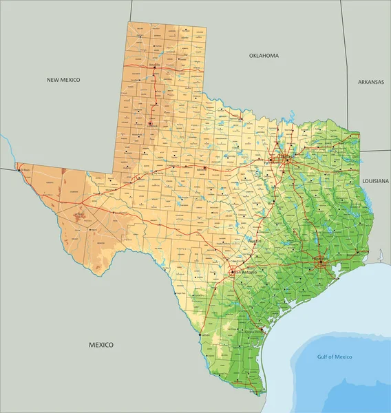 Alto Mapa Físico Detallado Texas Con Etiquetado — Vector de stock