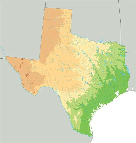 Mapa Físico Texas Detalhado Alto —  Vetores de Stock