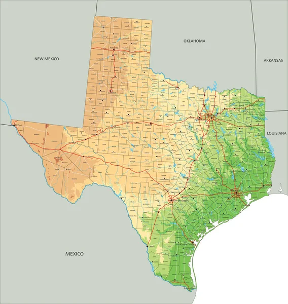 Alto Mapa Físico Detallado Texas Con Etiquetado — Vector de stock