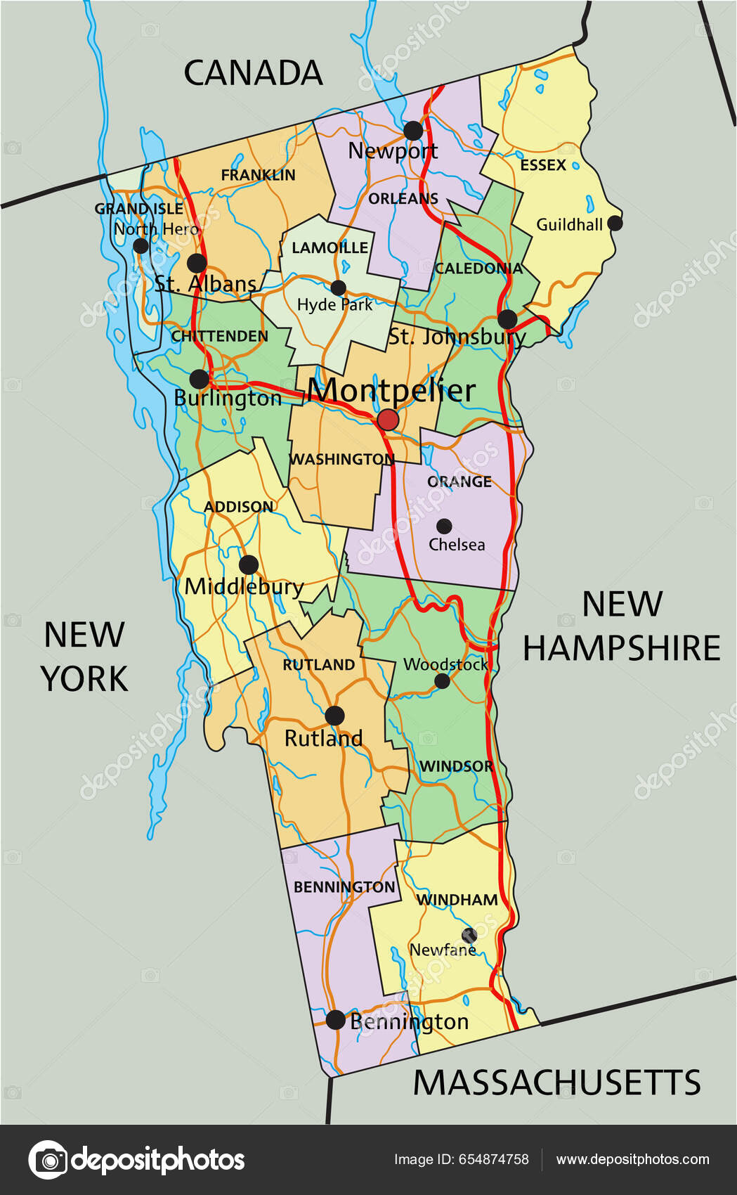 バーモント州 ラベル付きの非常に詳細な編集可能な政治地図 — ストックベクター ©delpieroo 654874758