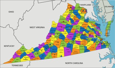 Renkli Virginia politik haritası açık bir şekilde etiketlenmiş, ayrı katmanlarla ayrılmış. Vektör illüstrasyonu.