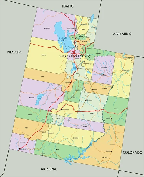 ユタ州 ラベル付きの非常に詳細な編集可能な政治地図 — ストックベクタ