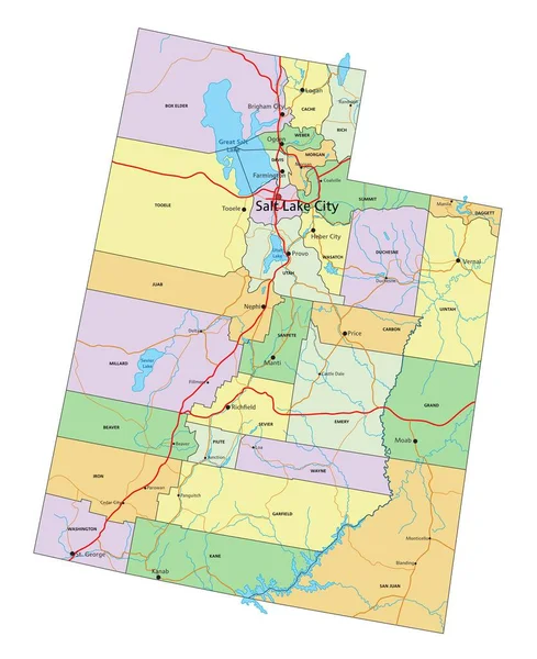 犹他州 具有标签的高度详细的可编辑政治地图 — 图库矢量图片