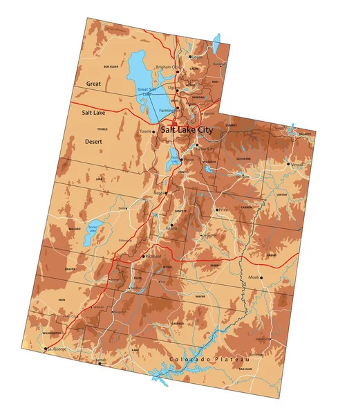 ラベル付きの詳細なユタ州の物理地図 — ストックベクタ