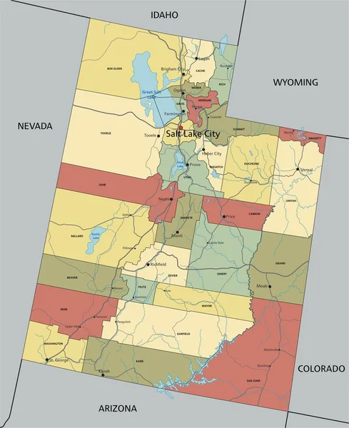 ユタ州 ラベル付きの非常に詳細な編集可能な政治地図 — ストックベクタ