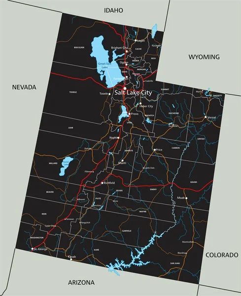 Etiketli Yüksek Detaylı Utah Yol Haritası — Stok Vektör