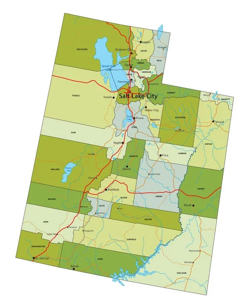 独立したレイヤーを持つ非常に詳細な編集可能な政治マップ ユタ州 — ストックベクタ
