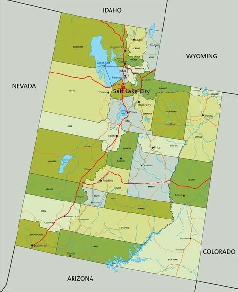 Bardzo Szczegółowa Edytowalna Mapa Polityczna Oddzielnymi Warstwami Utah — Wektor stockowy