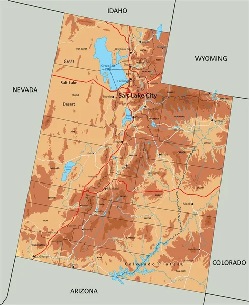 Hög Detaljerad Utah Fysisk Karta Med Märkning — Stock vektor